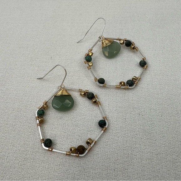 Hexagon Earrings Green Gold Silver Toned - Picture 2 of 7